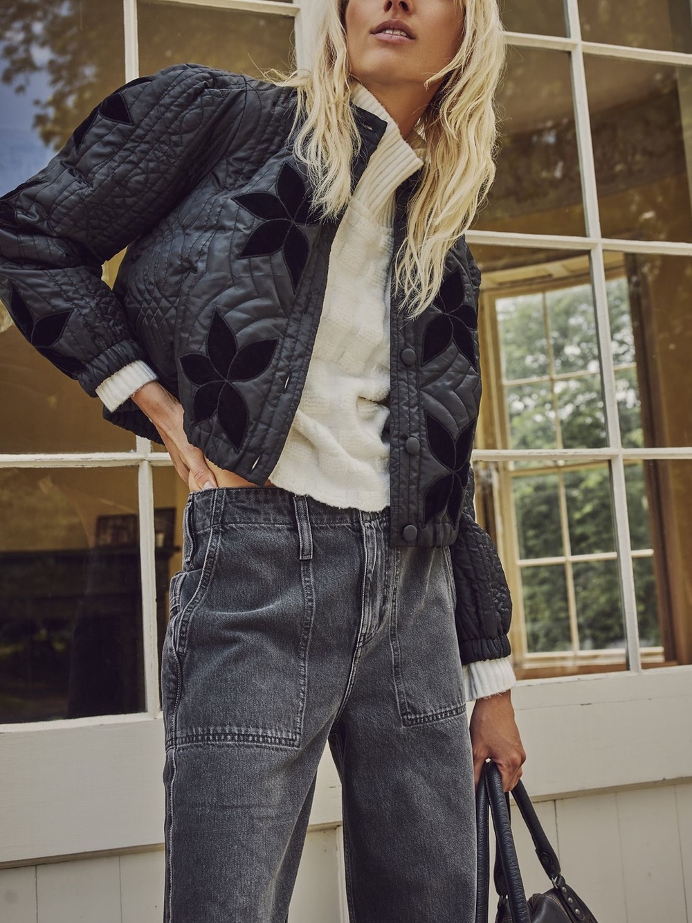 FREE PEOPLE Quinn Quilted Bomber Jacket Black Medium
